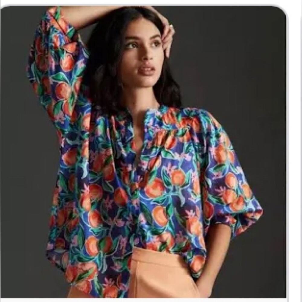 Pooley Anthropologie band collar puff sleeve button up printed cotton blouse XXS